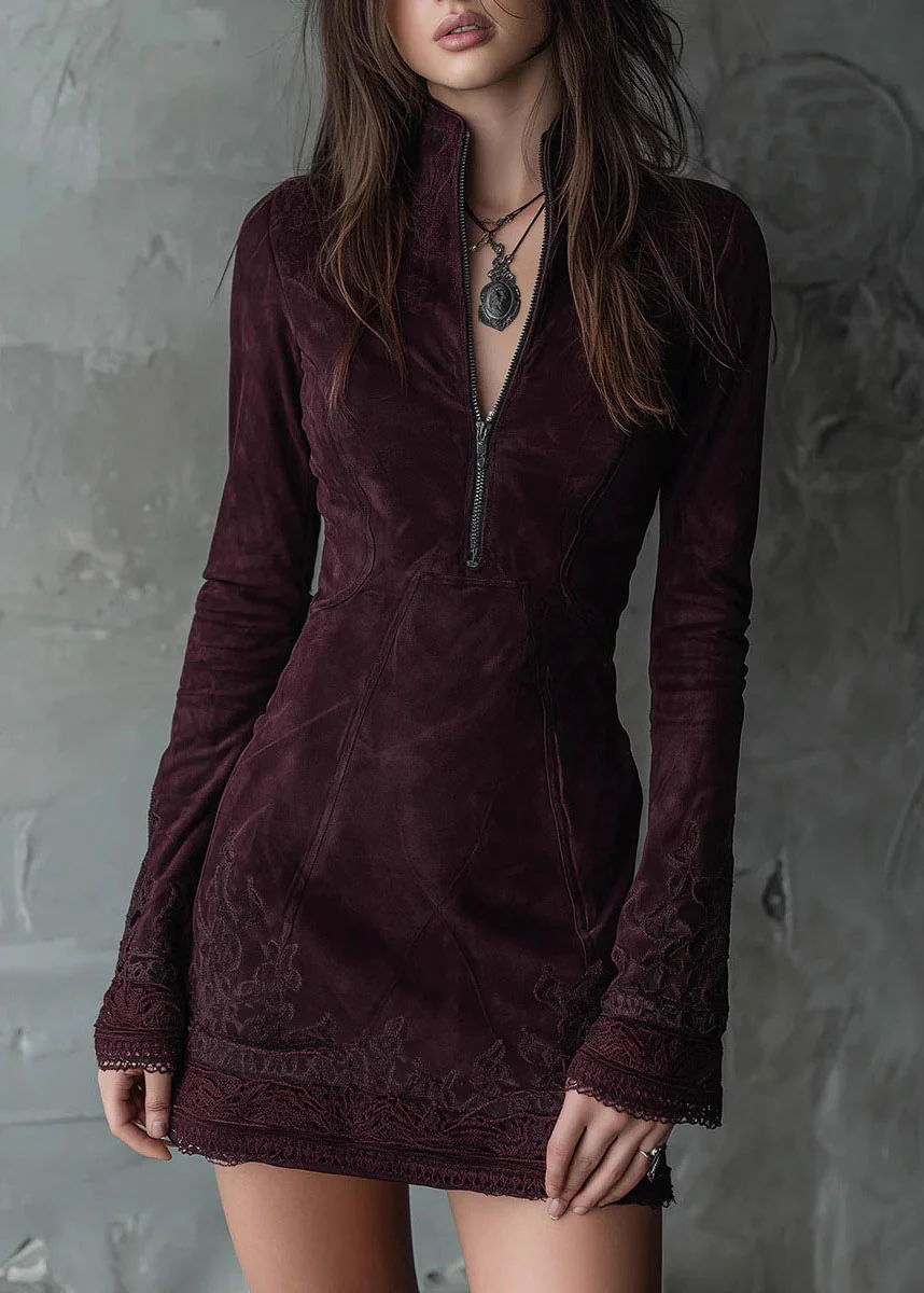 New Zip Up Embroidered Lace Faux Suede Mid Dresses Fall - Image 3