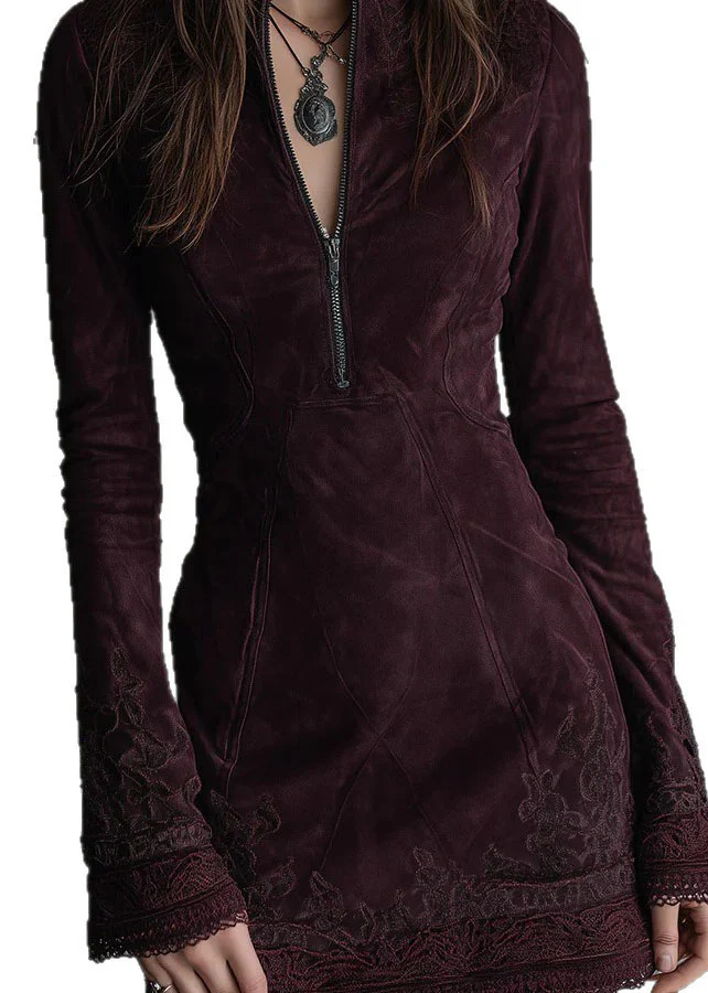 New Zip Up Embroidered Lace Faux Suede Mid Dresses Fall - Image 5