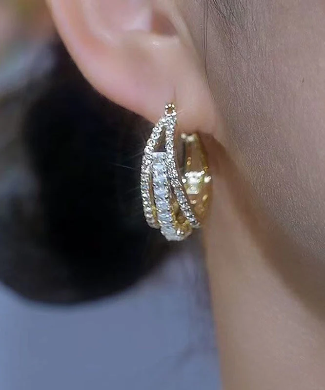 Novelt Gold Copper Alloy Three Floors Square Zircon Hoop Earrings - Image 2