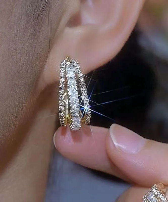 Novelt Gold Copper Alloy Three Floors Square Zircon Hoop Earrings - Image 3