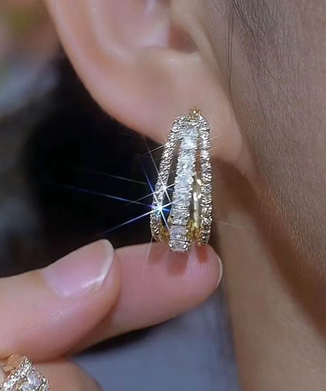Novelt Gold Copper Alloy Three Floors Square Zircon Hoop Earrings - Image 4