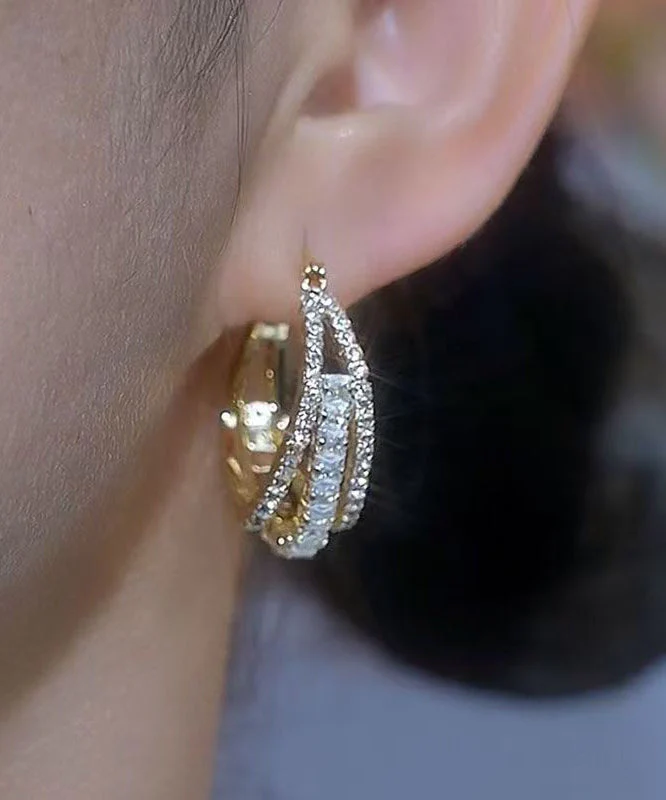 Novelt Gold Copper Alloy Three Floors Square Zircon Hoop Earrings - Image 5
