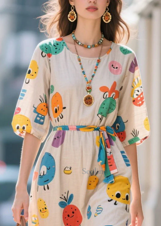 Novelty Apricot Cartoon Print Cotton Dresses Summer - Image 2
