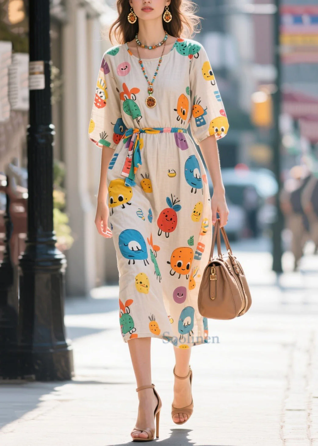 Novelty Apricot Cartoon Print Cotton Dresses Summer - Image 3