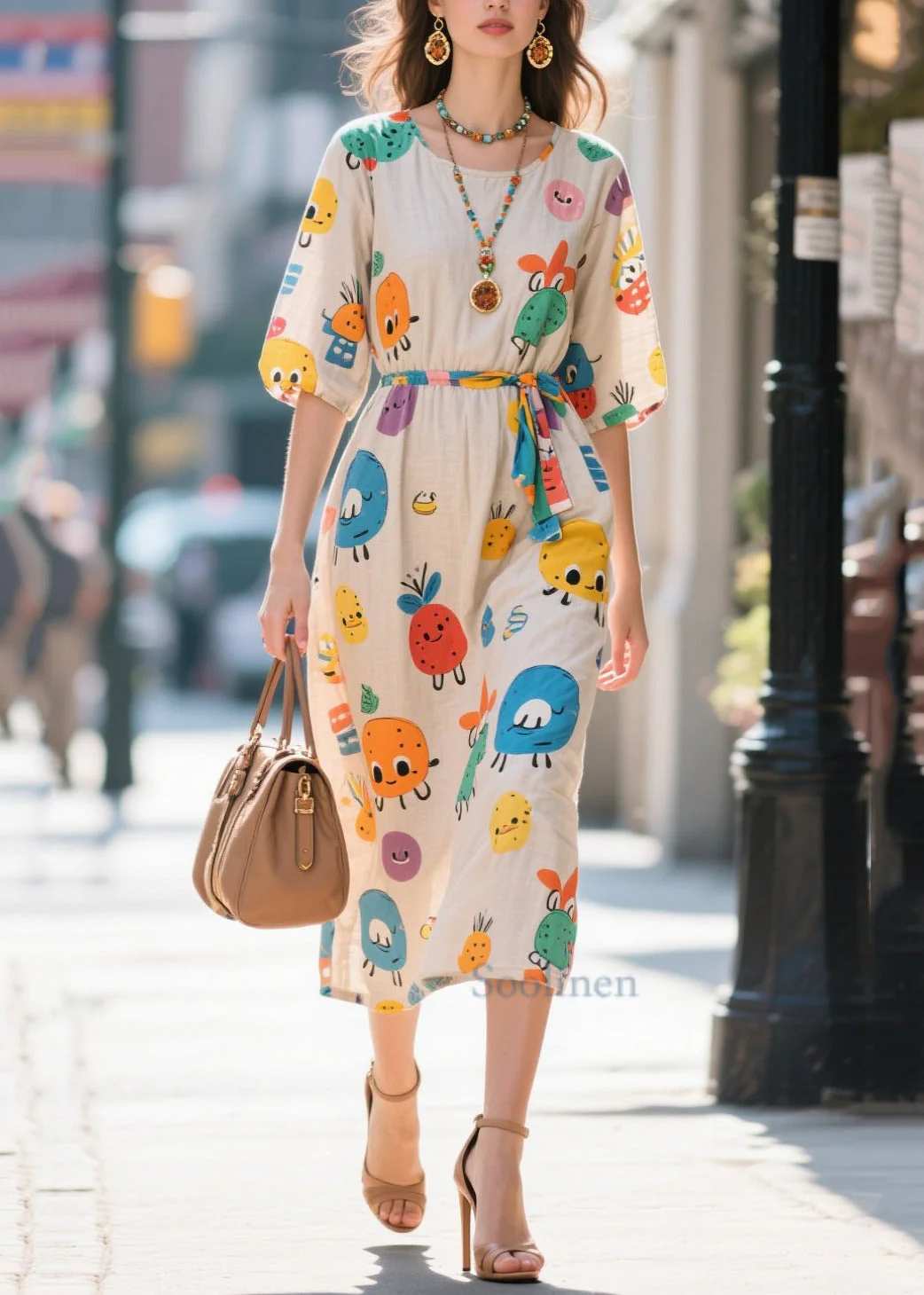 Novelty Apricot Cartoon Print Cotton Dresses Summer - Image 5