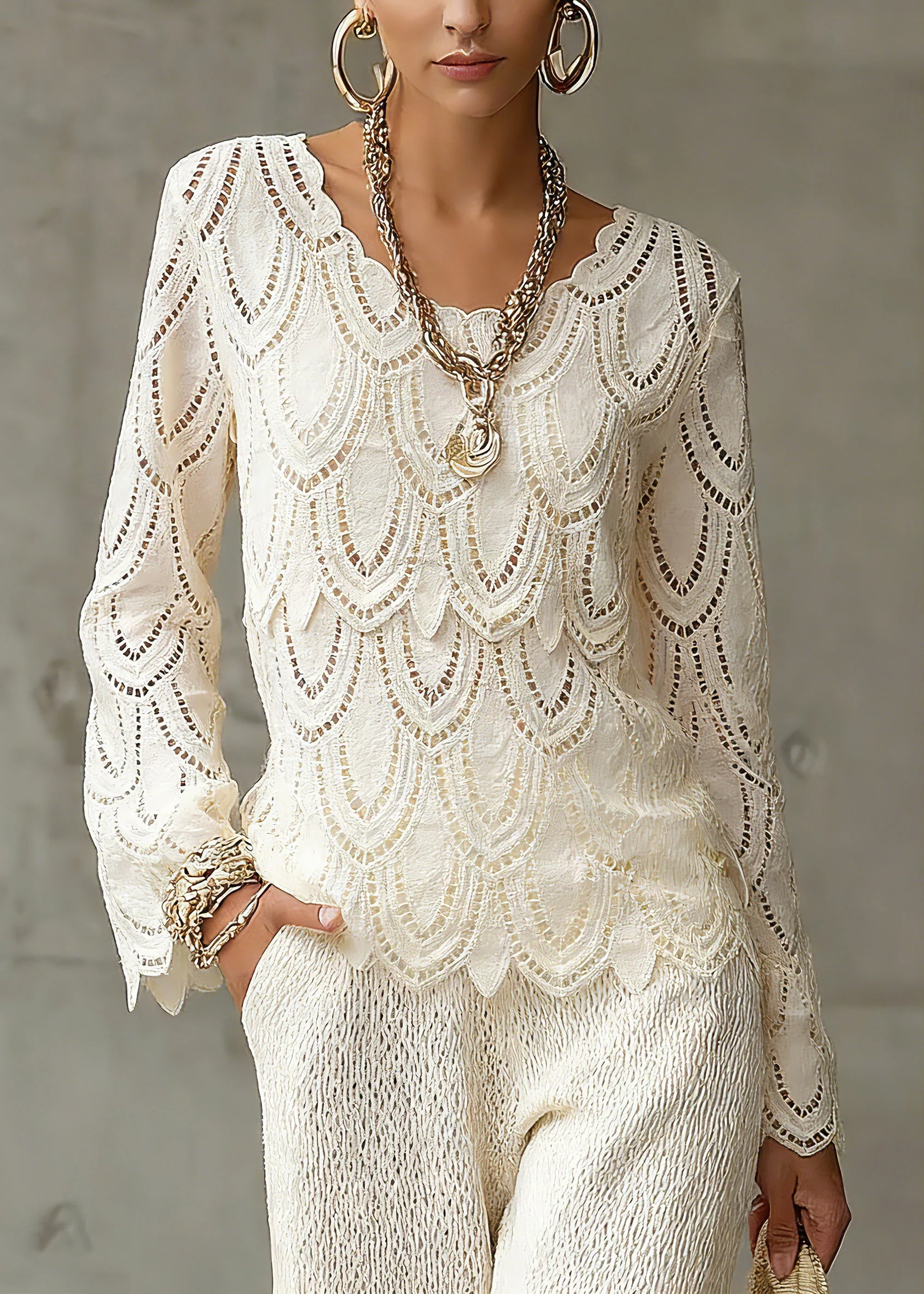Novelty Beige Hollow Out Solid Lace Tops Spring - Image 3
