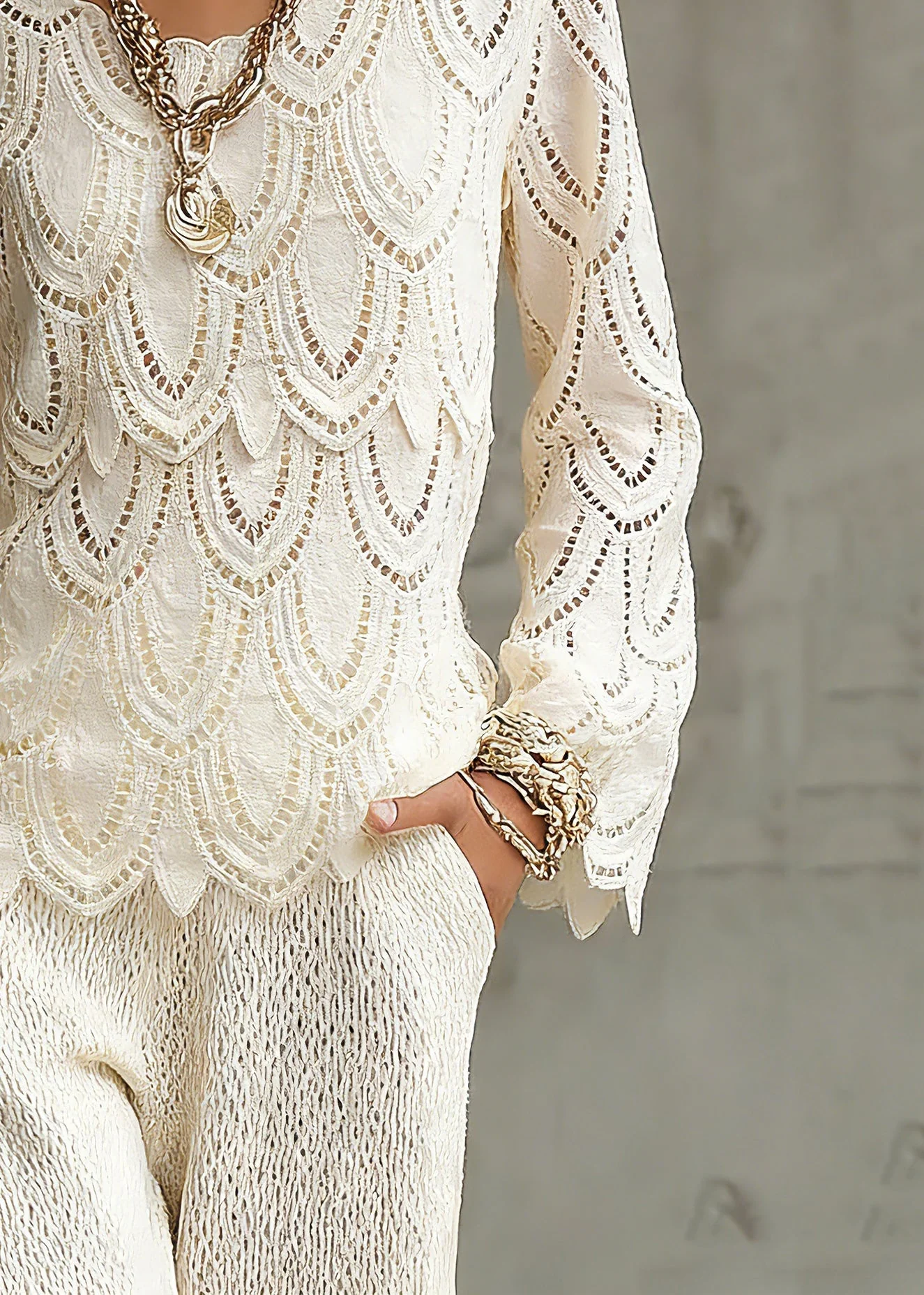 Novelty Beige Hollow Out Solid Lace Tops Spring - Image 4