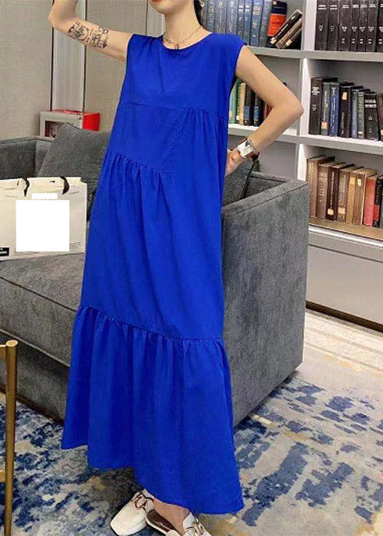 Novelty Black O-Neck Patchwork Wrinkled Cotton Long Dress Summer - Image 3