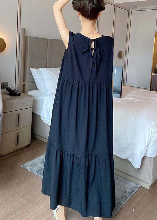Novelty Black O-Neck Patchwork Wrinkled Cotton Long Dress Summer - Image 5