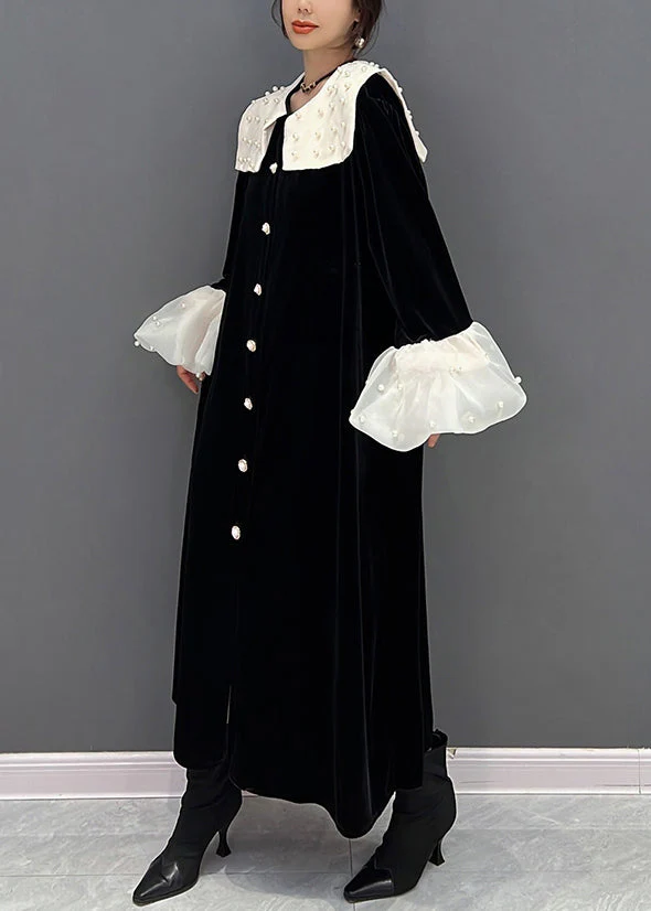 Novelty Black Peter Pan Collar Patchwork Nail Bead Button Velour Maxi Dress Fall - Image 4
