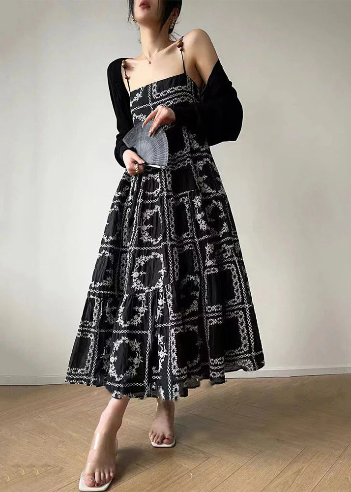 Novelty Black Print Tie Waist Cotton Spaghetti Strap Dress Sleeveless