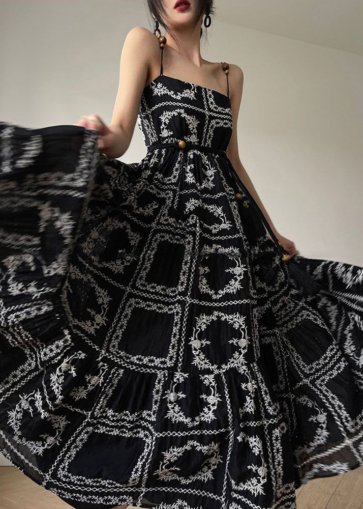 Novelty Black Print Tie Waist Cotton Spaghetti Strap Dress Sleeveless - Image 2