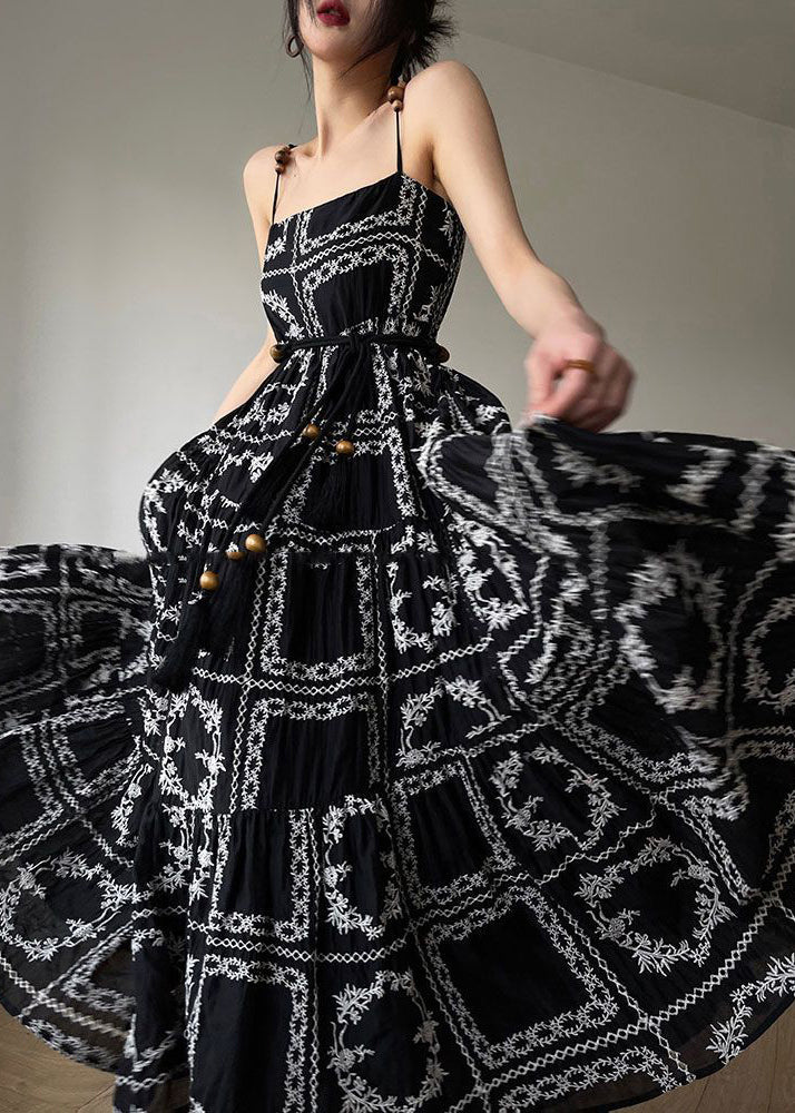 Novelty Black Print Tie Waist Cotton Spaghetti Strap Dress Sleeveless - Image 3