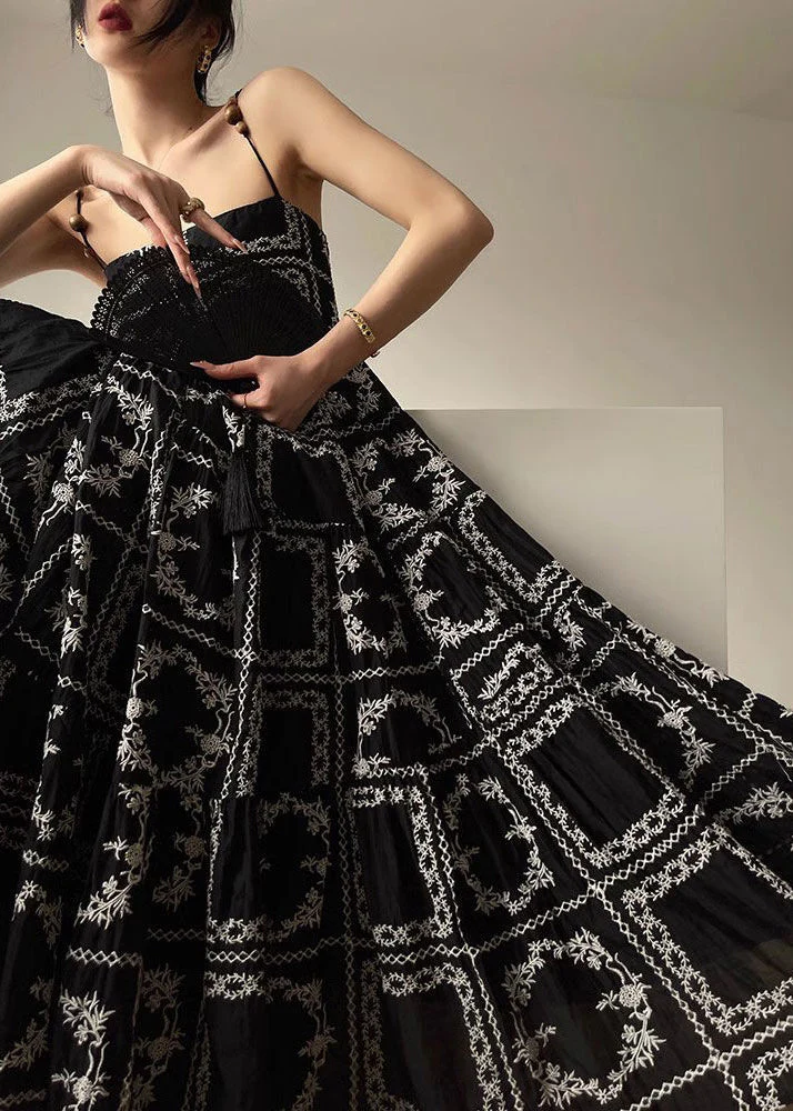 Novelty Black Print Tie Waist Cotton Spaghetti Strap Dress Sleeveless - Image 4