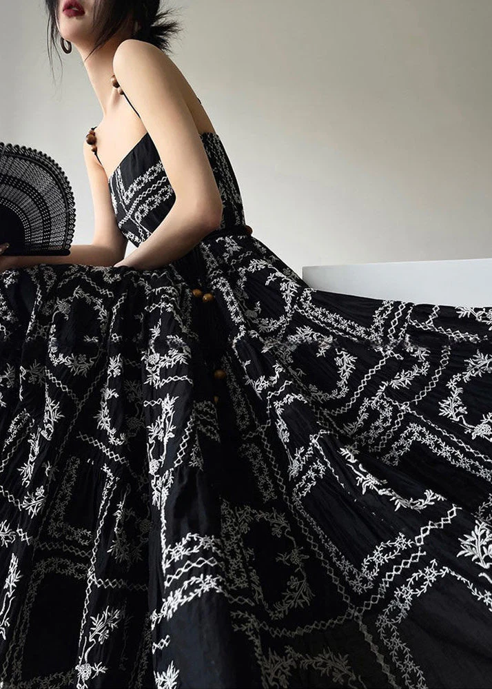 Novelty Black Print Tie Waist Cotton Spaghetti Strap Dress Sleeveless - Image 5