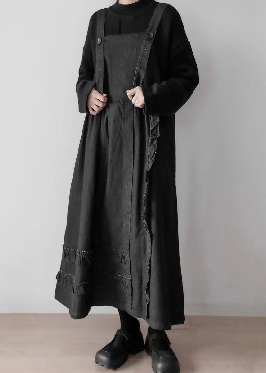 Novelty Black Ruffled Patchwork Button Pockets Long Dresses Fall - Image 2