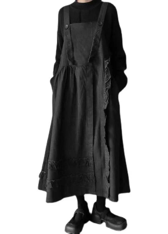 Novelty Black Ruffled Patchwork Button Pockets Long Dresses Fall - Image 5