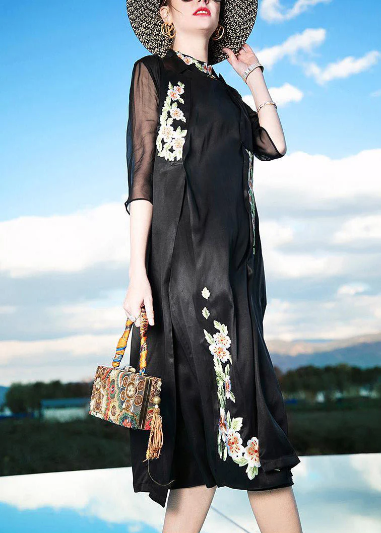 Novelty Black Stand Collar Embroideried Floral Button Silk Maxi Dress Summer - Image 2