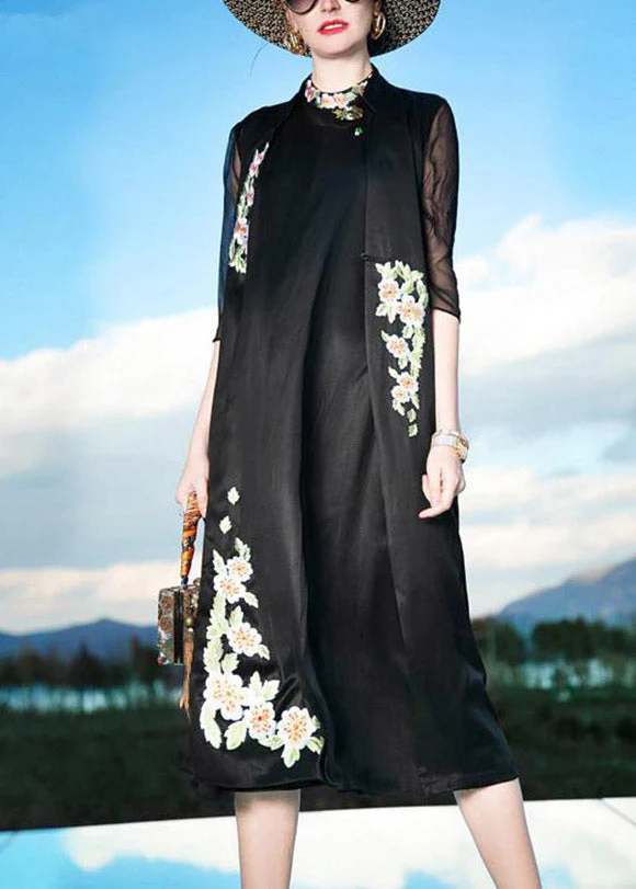 Novelty Black Stand Collar Embroideried Floral Button Silk Maxi Dress Summer - Image 3