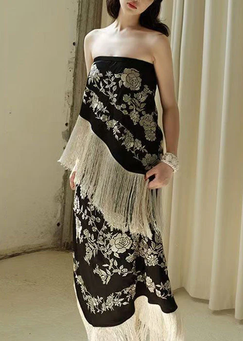 Novelty Black Tasseled High Waist Patchwork Dresses Sleeveless - Image 2
