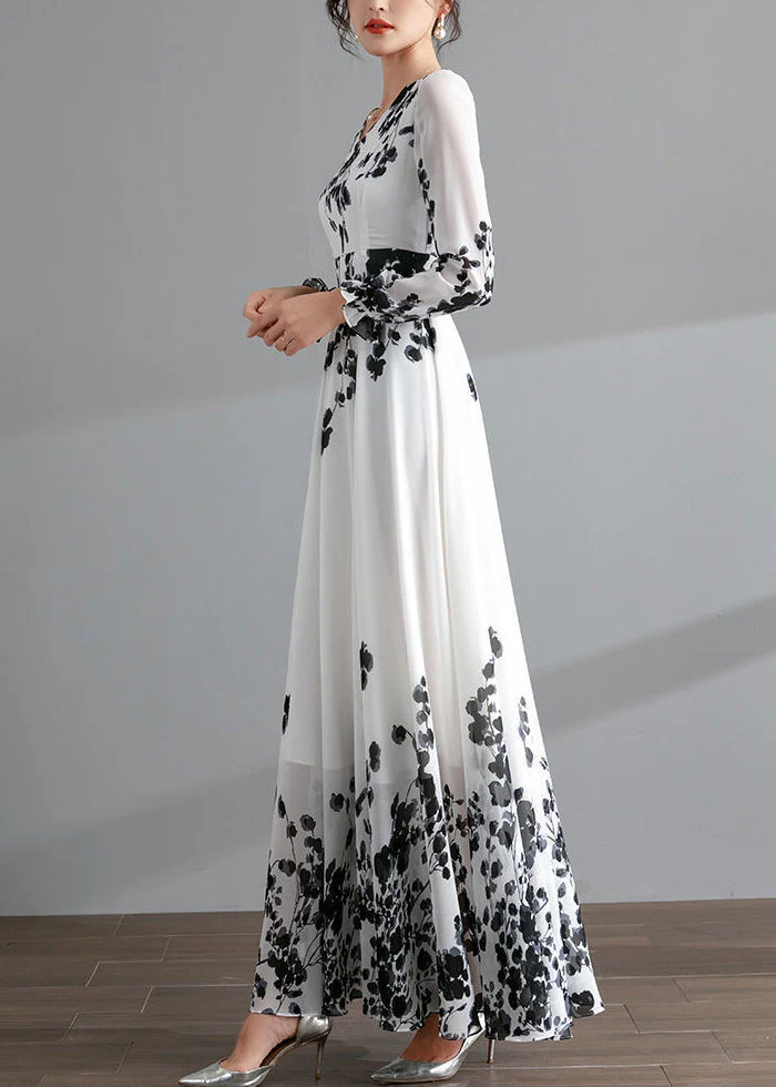 Novelty Black V Neck Print Chiffon Maxi Beach Dresses Spring - Image 3