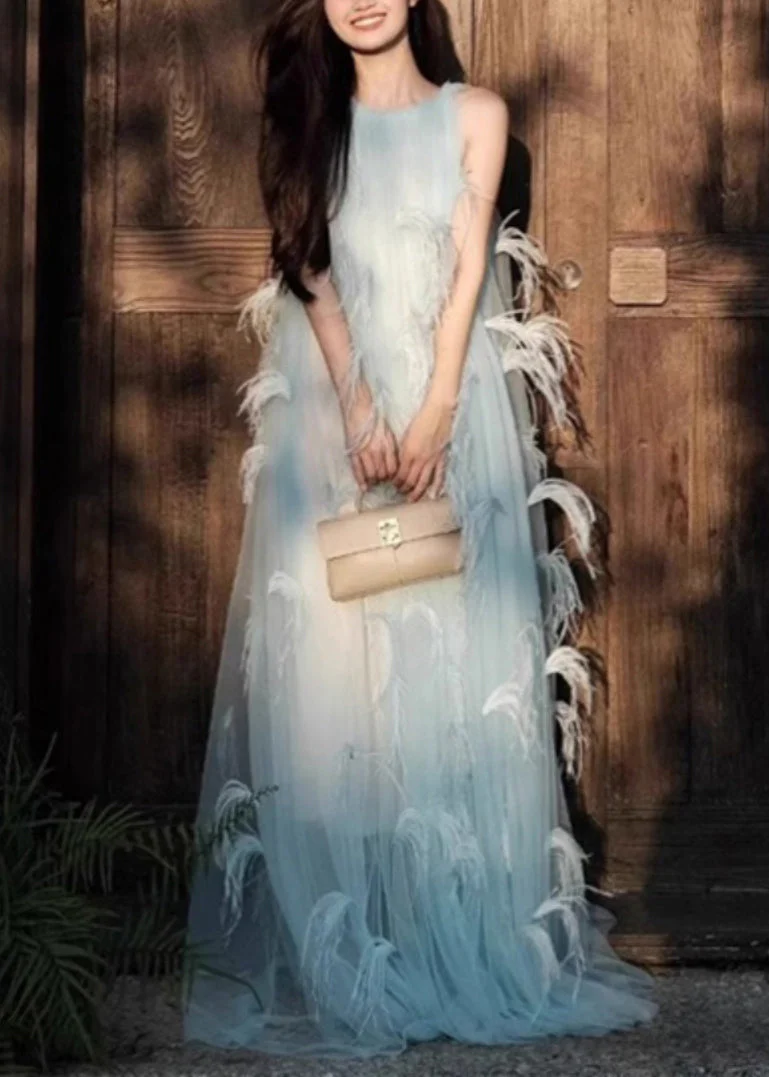 Novelty Blue Feather Patchwork Chiffon Robe Dresses Sleeveless - Image 2