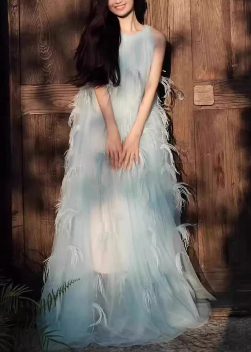 Novelty Blue Feather Patchwork Chiffon Robe Dresses Sleeveless - Image 3