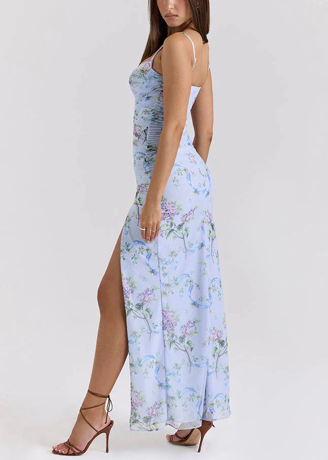 Novelty Blue Print Side Open Tulle Spaghetti Strap Dress Sleeveless - Image 3