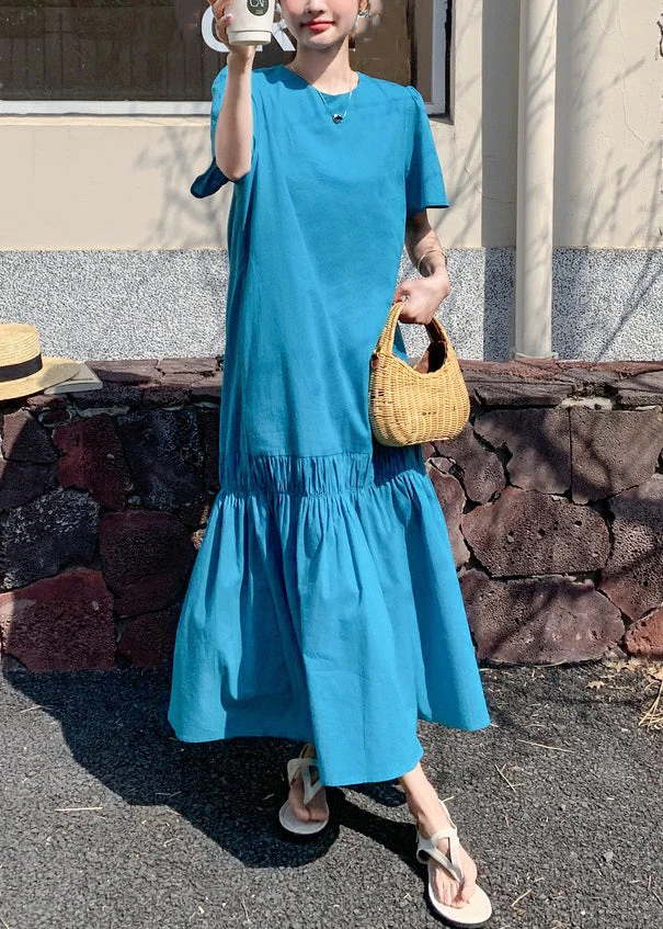Novelty Blue Ruffled Patchwork Hollow Out Solid Long Dress Summer - Image 2