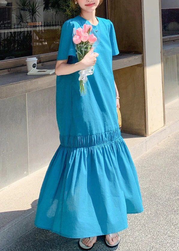Novelty Blue Ruffled Patchwork Hollow Out Solid Long Dress Summer - Image 3
