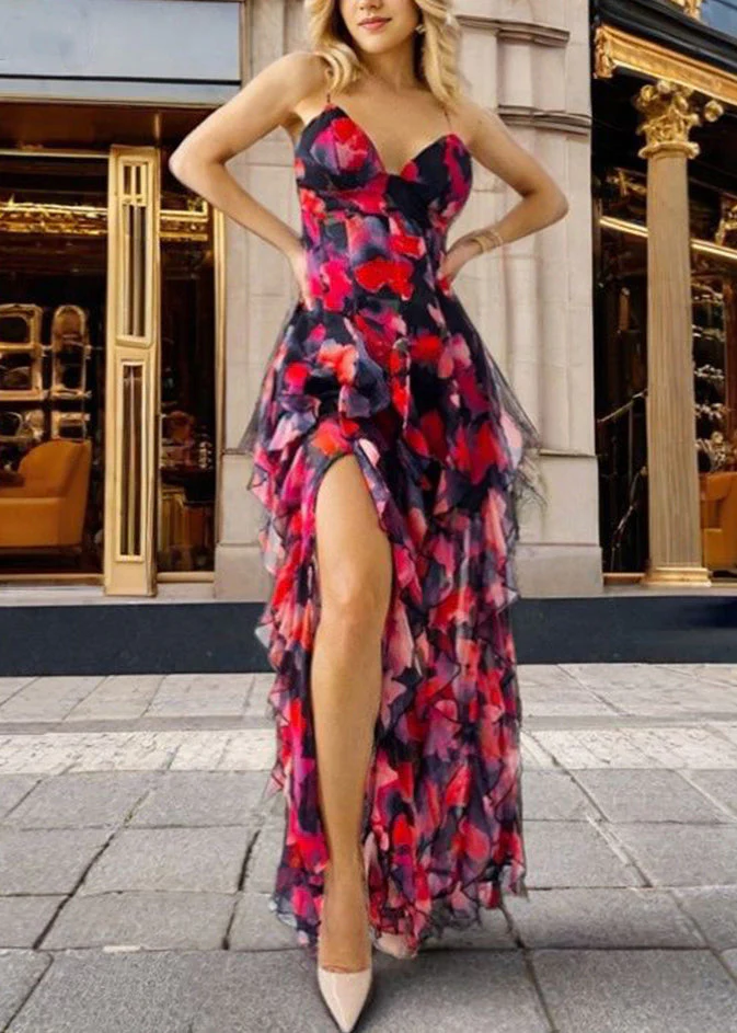 Novelty Blue V Neck Print Backless Chiffon Spaghetti Strap Dress Sleeveless - Image 2