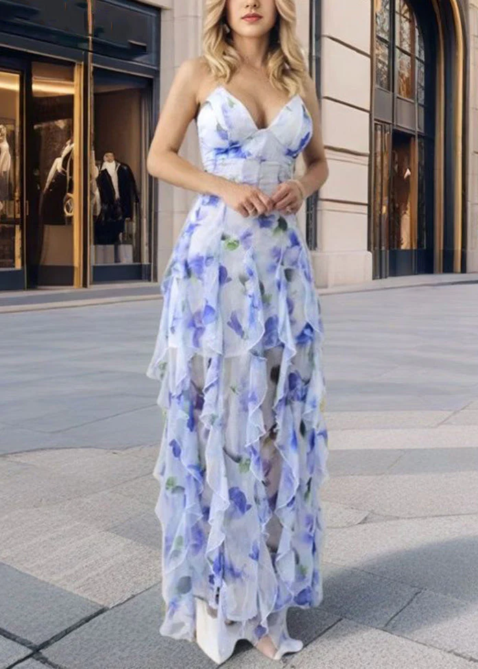 Novelty Blue V Neck Print Backless Chiffon Spaghetti Strap Dress Sleeveless - Image 3