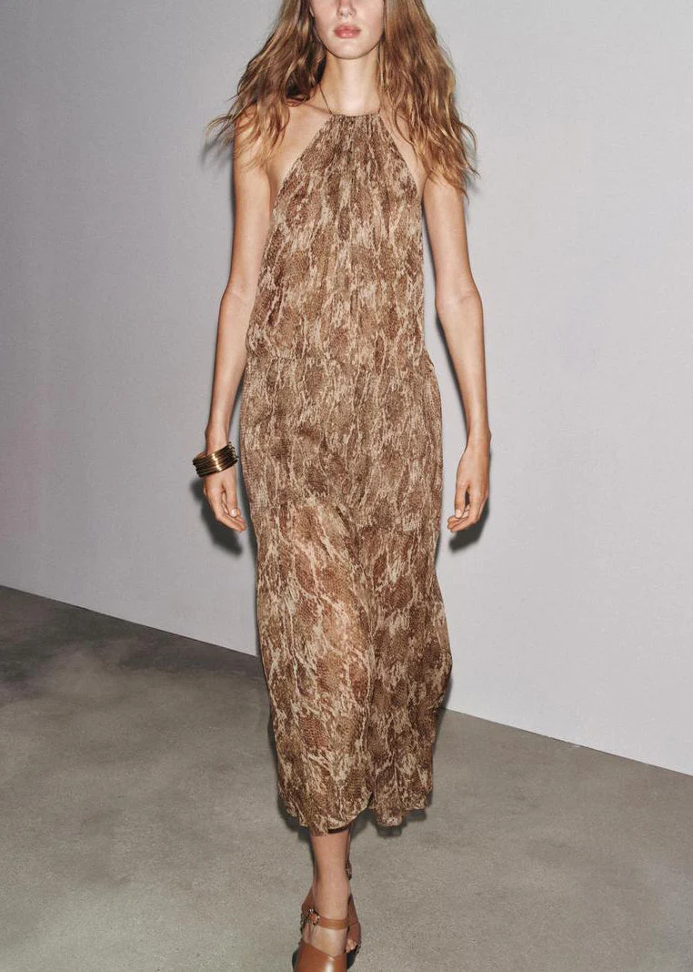 Novelty Brown Backless Print Lace Up Cotton Long Dress Sleeveless