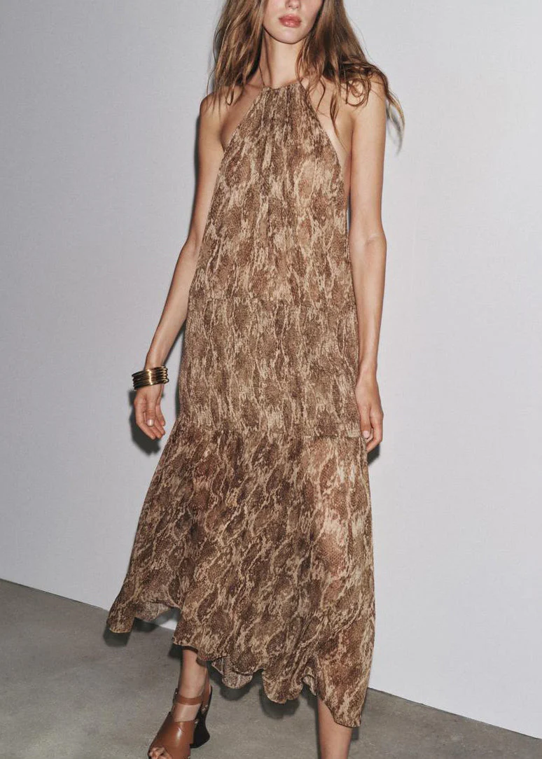Novelty Brown Backless Print Lace Up Cotton Long Dress Sleeveless - Image 2