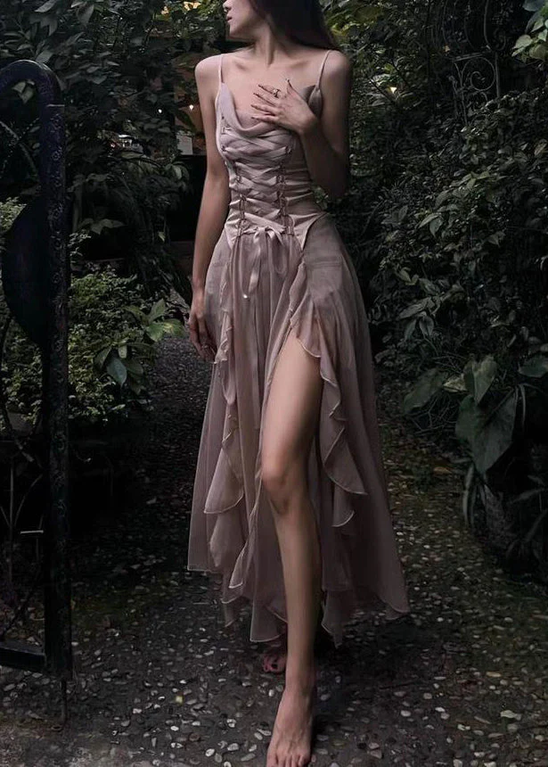 Novelty Coffee Lace Up High Waist Silk Spaghetti Strap Dress Sleeveless - Image 3