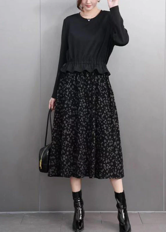 Novelty Coffee O-Neck Patchwork Print Fake Two Pieces Long Dress Spring - Image 2