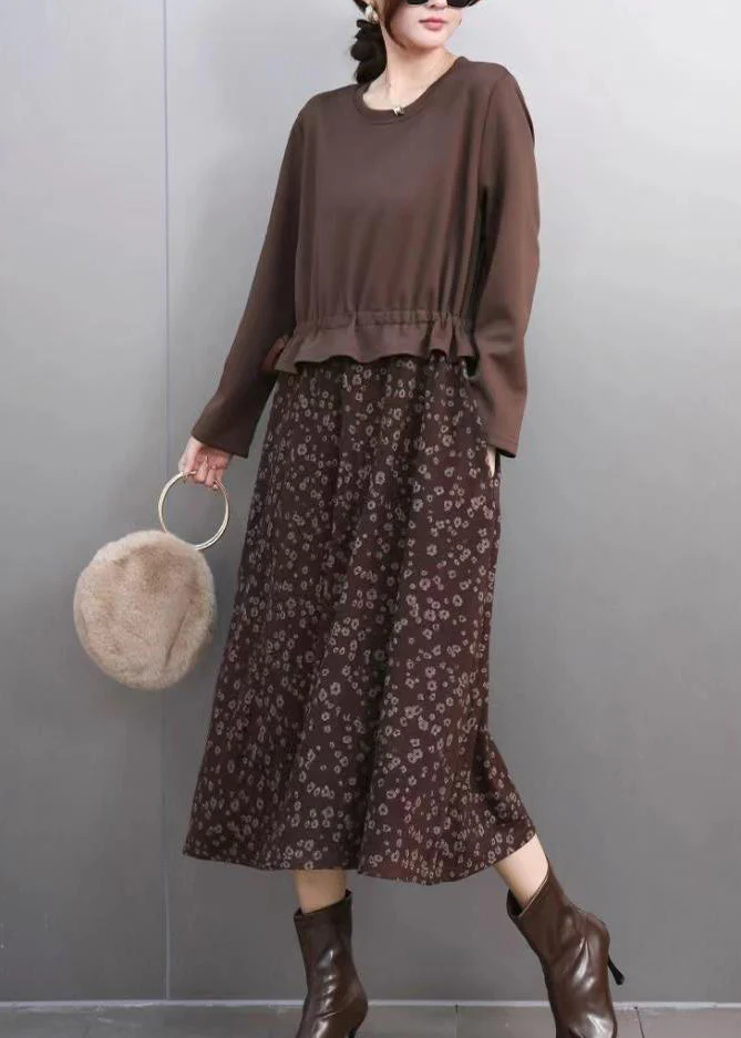 Novelty Coffee O-Neck Patchwork Print Fake Two Pieces Long Dress Spring - Image 3