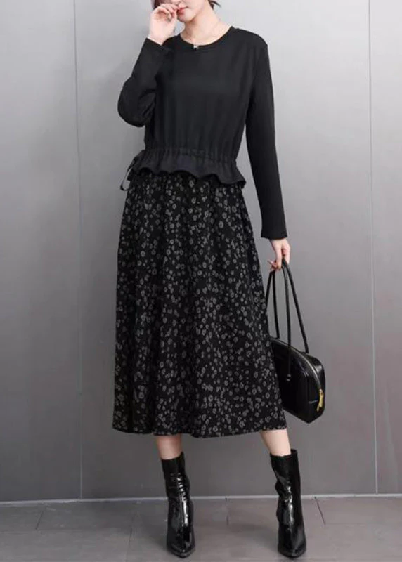 Novelty Coffee O-Neck Patchwork Print Fake Two Pieces Long Dress Spring - Image 4