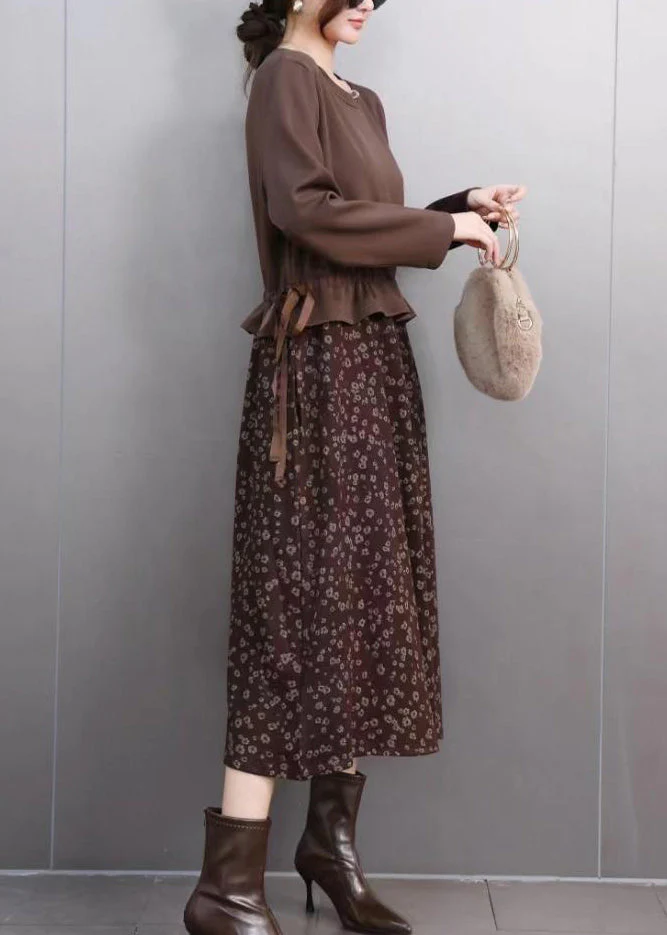 Novelty Coffee O-Neck Patchwork Print Fake Two Pieces Long Dress Spring - Image 5
