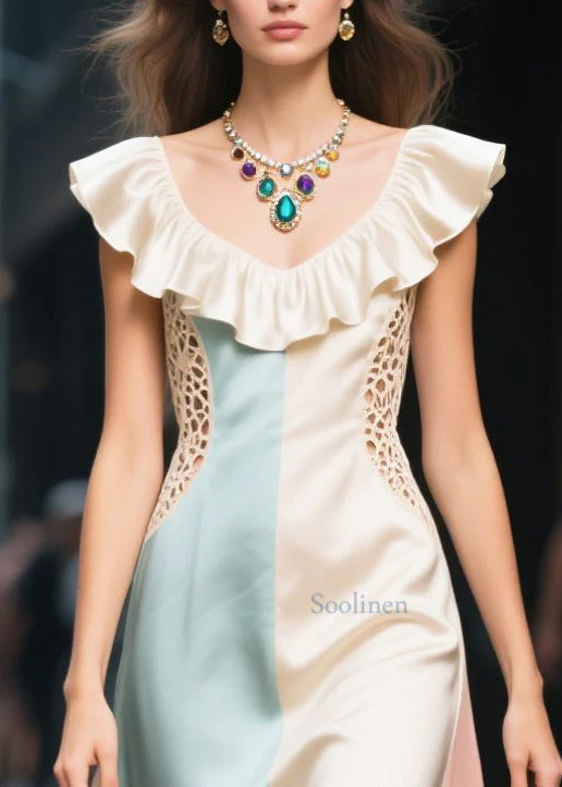 Novelty Colorblock Ruffled Patchwork Hollow Out Silk Dresses Summer - Image 2