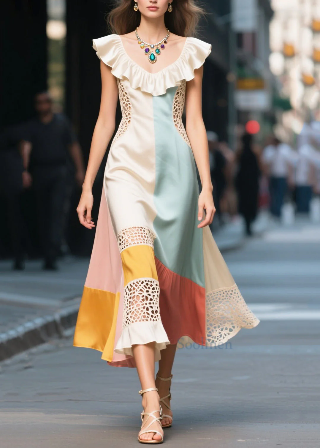 Novelty Colorblock Ruffled Patchwork Hollow Out Silk Dresses Summer - Image 3