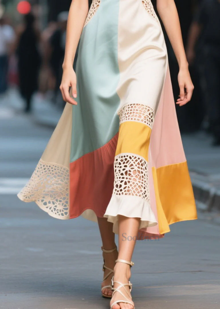 Novelty Colorblock Ruffled Patchwork Hollow Out Silk Dresses Summer - Image 4