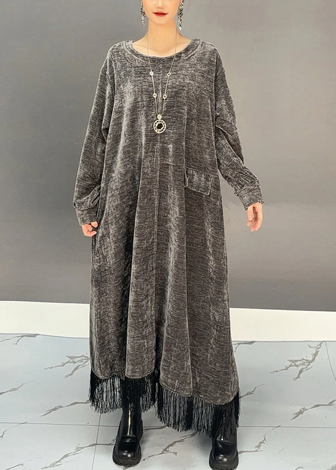 Novelty Dark Grey Asymmetrical Tassel Long Dress Spring - Image 2