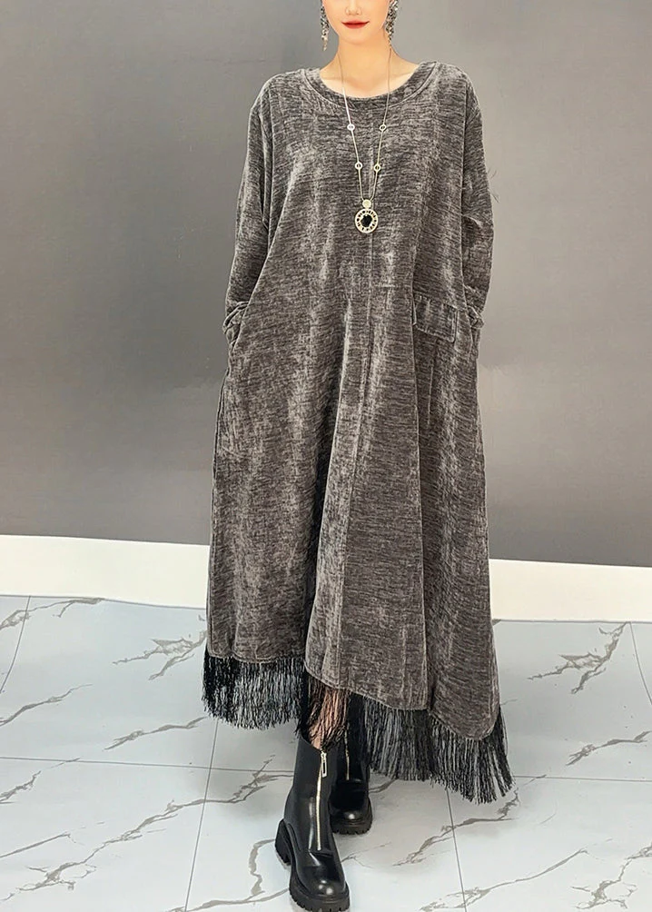 Novelty Dark Grey Asymmetrical Tassel Long Dress Spring - Image 3