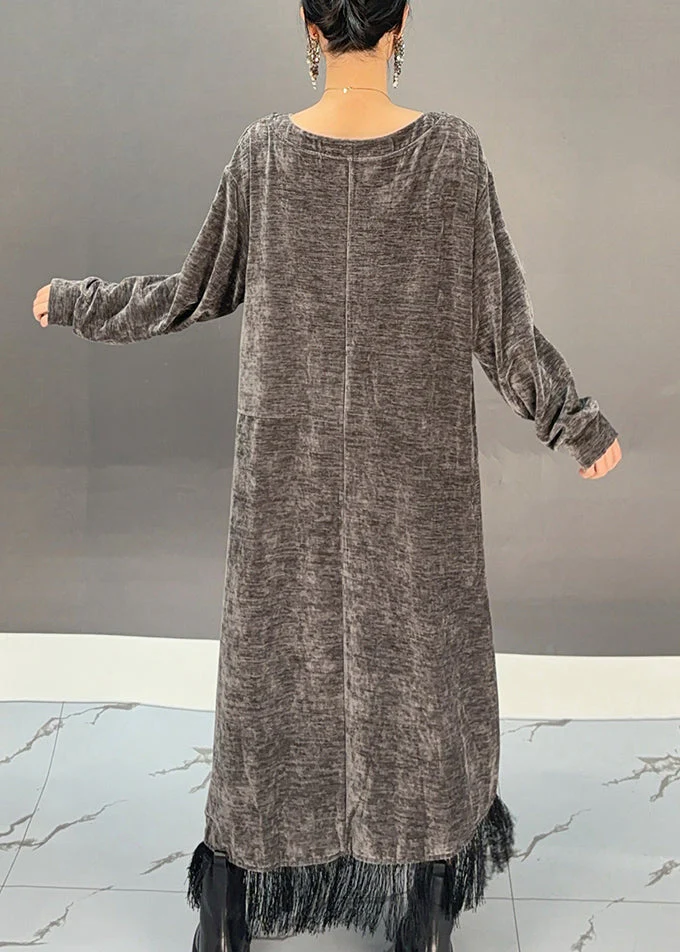 Novelty Dark Grey Asymmetrical Tassel Long Dress Spring - Image 5
