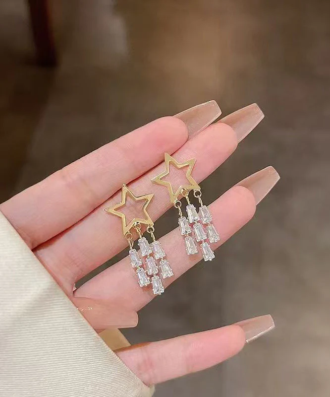 Novelty Gold 925 Silver Alloy Zircon Star Tassel Drop Earrings - Image 3