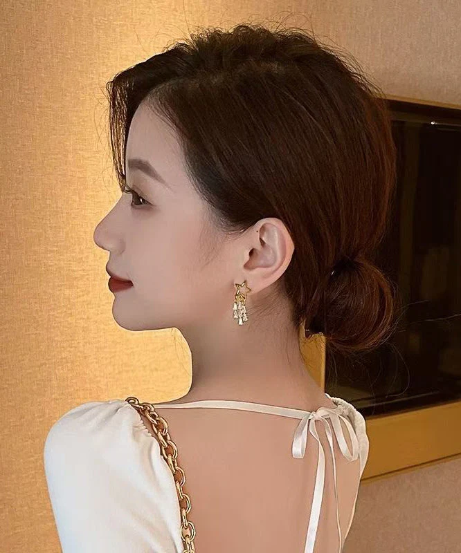 Novelty Gold 925 Silver Alloy Zircon Star Tassel Drop Earrings - Image 4