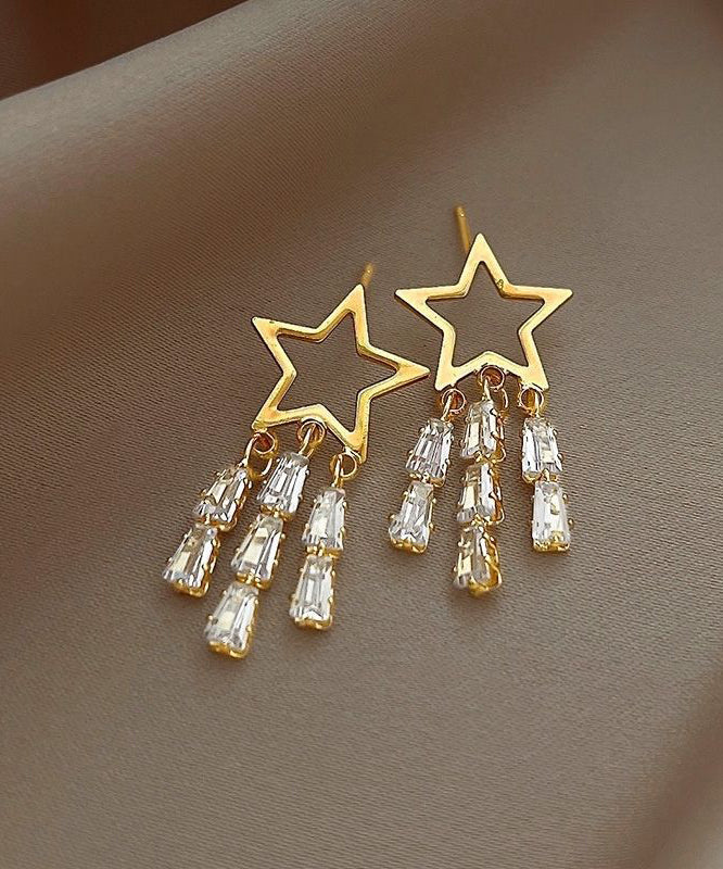 Novelty Gold 925 Silver Alloy Zircon Star Tassel Drop Earrings - Image 5