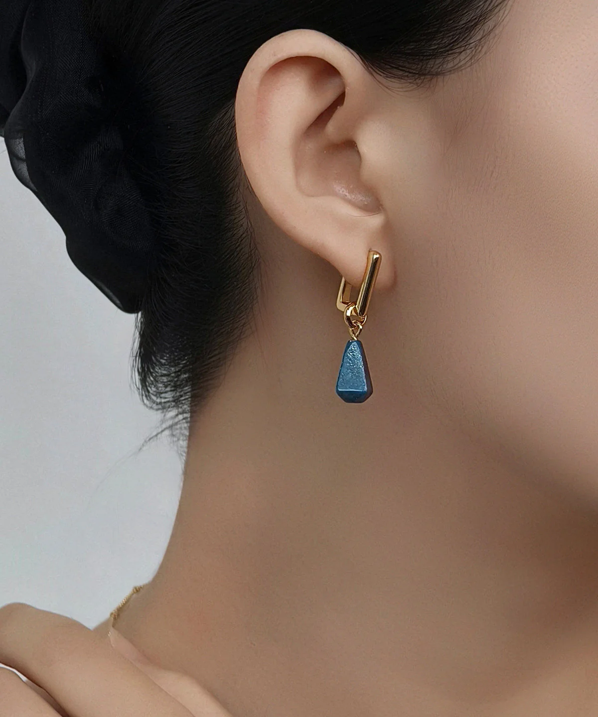 Novelty Gold Copper Overgild Gem Stone Water Droplet Hoop Earrings - Image 2