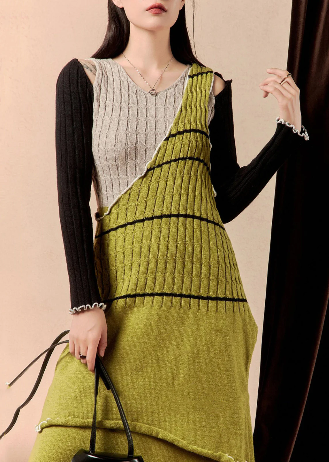 Novelty Green Asymmetrical Side Open Patchwork Knit Knitted Dress Winter - Image 2